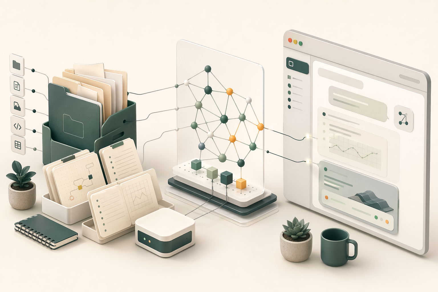 로컬 폴더, 노트북, 검색 그래프, 브라우저 채팅 작업실이 연결된 Soma Studio 제품 비주얼